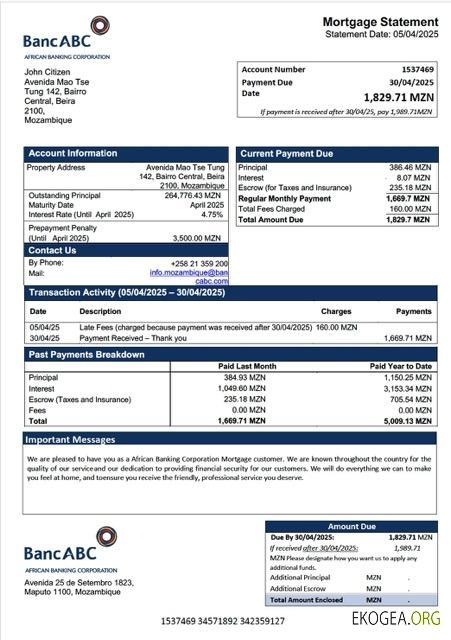 Modèle Word et PDF de relevé hypothécaire de la Mozambique African Banking Corporation